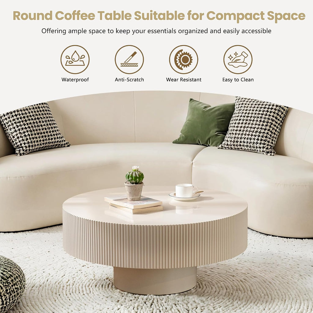Round Drum Coffee Table with Sturdy Pedestal, Modern Wooden Fluted Coffee Table, Circle Center Table Accent Tea Table for Living Room Apartment Office Reception Room (Beige D30.9)