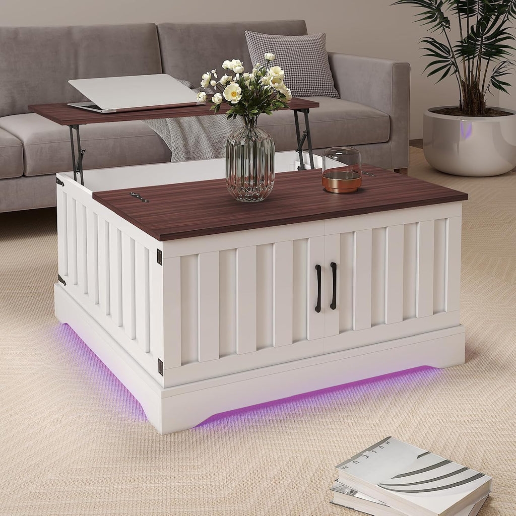 Square Lift Top Coffee Table with Storage, White Brown Led Coffee Table for Living Room with Large Hidden Storage, 30.7' Wood Table Led Center Table for Dining Reception Room