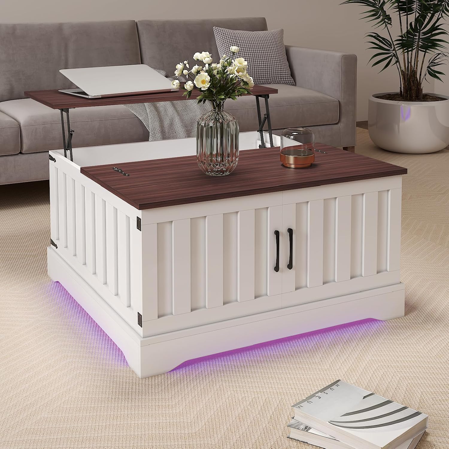 Square Lift Top Coffee Table with Storage, White Brown Led Coffee Table for Living Room with Large Hidden Storage, 30.7' Wood Table Led Center Table for Dining Reception Room