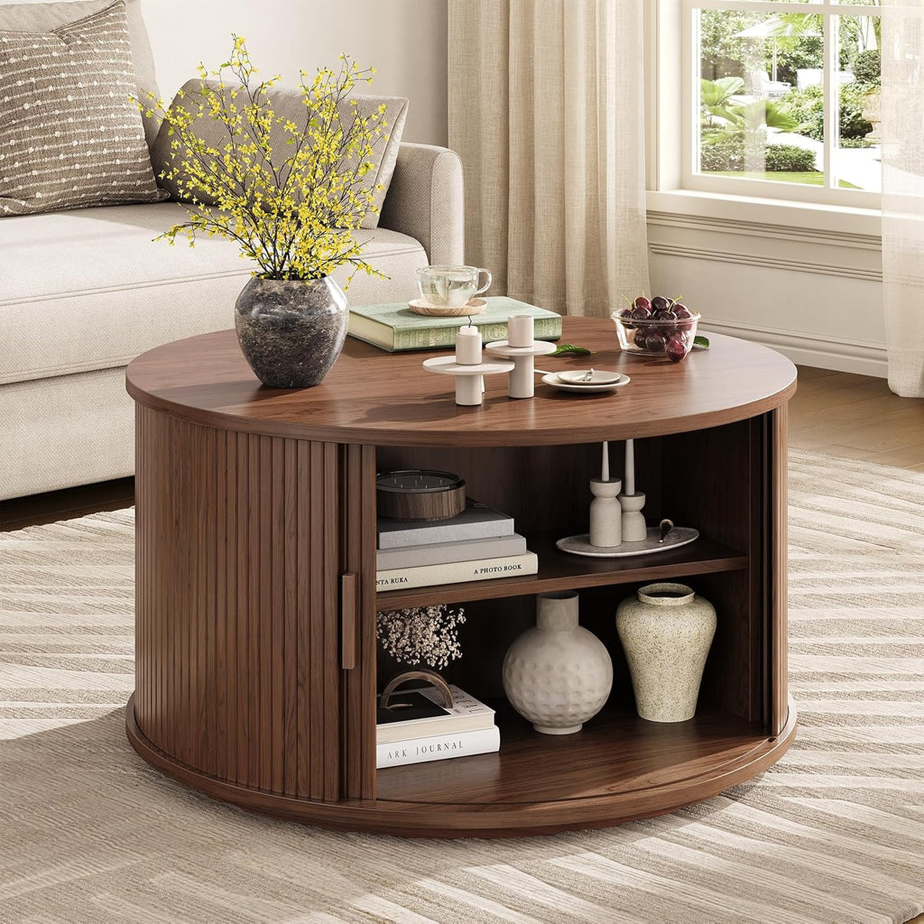 ONBRILL Round Coffee Table with Storage, 31.5' Mid Century Modern Center Table with Sliding Door & Dual Hidden Storage, Fluted Accent Coffee Table for Living Room, Small Space, Walnut