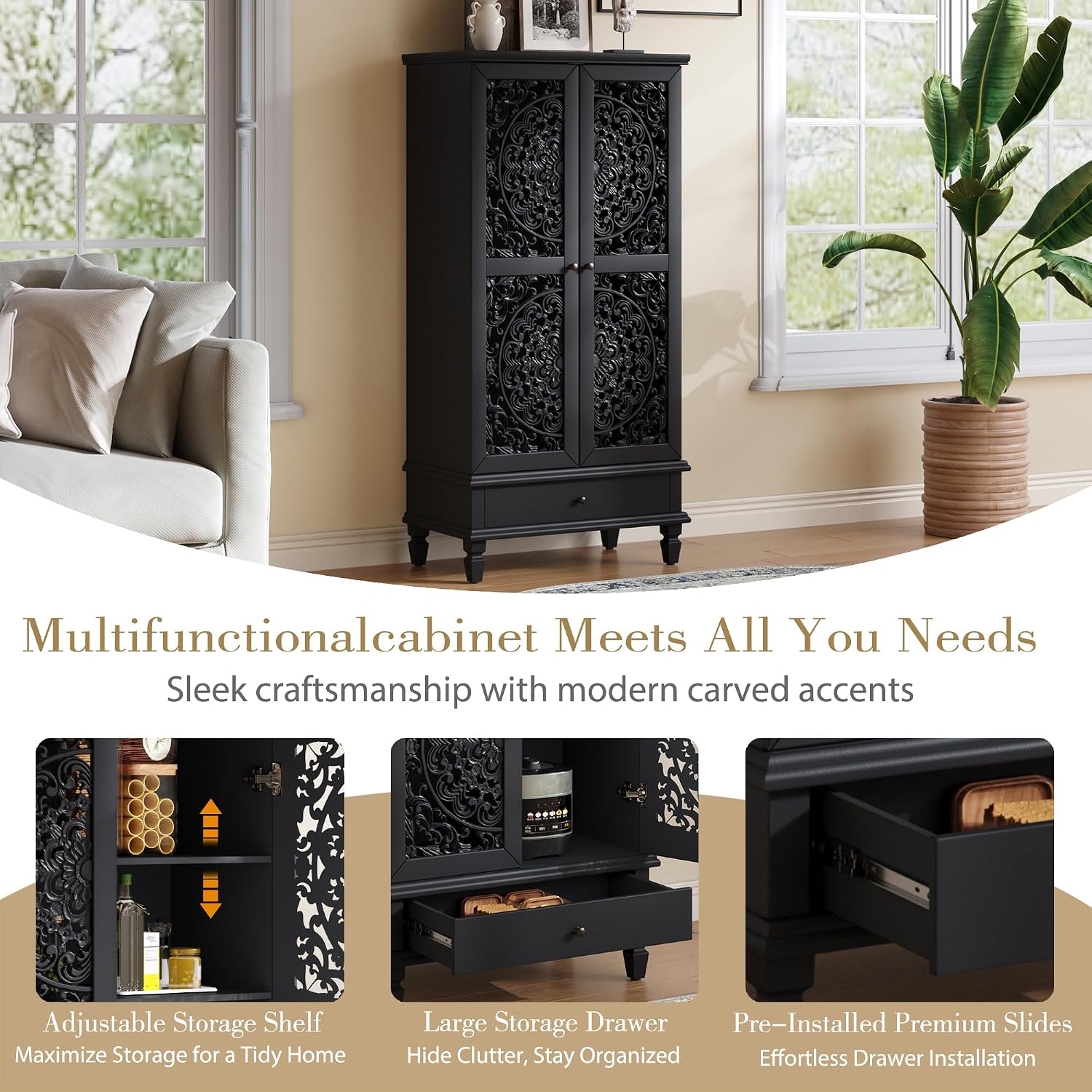 JIJIWANG Rustic 55'' Hollowed-Out Carving Storage Cabinet with 2 Doors and Shelves,French Wood Accent Cabinet with Distressed Finish,Buffet & Sideboard for Living Room,Entryway,Bedroom,Black
