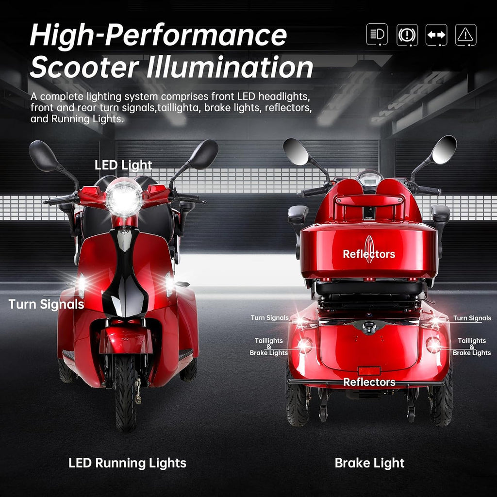 Heavy Duty Mobility Scooters for Seniors & Adults, Electric 3 Wheel Scooter for All Terrain, 800W Powered Disability Scooters for Outdoor Travel with Full Set Lights (Red)