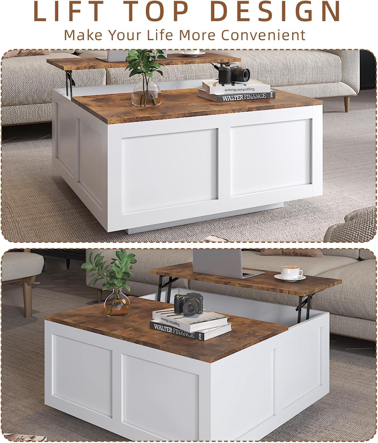 Lift Top Coffee Table with Storage, 31.5' Square White Coffee Table with Large Hidden Storage, Wood Living Room Table Center Table for Living Room Dining Reception Room