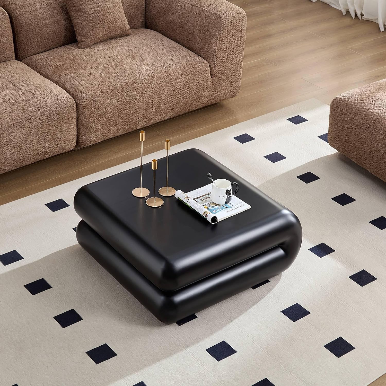 Square Coffee Tables for Living Room, Mid Century Modern Minimalist Side CoffeeTables Travertine Stone Pattern Accent End Table for Apartment, Office Fibgerglass Black