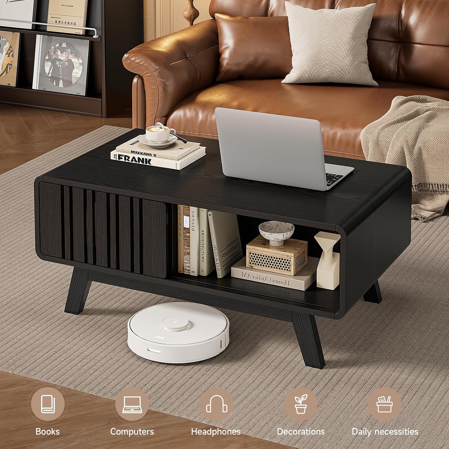 ONBRILL Coffee Table, Mid Century Modern Table with Storage Compartment, Fluted Table with Sliding Cabinet Door, Farmhouse Wood Coffee Table for Living Room (Black)