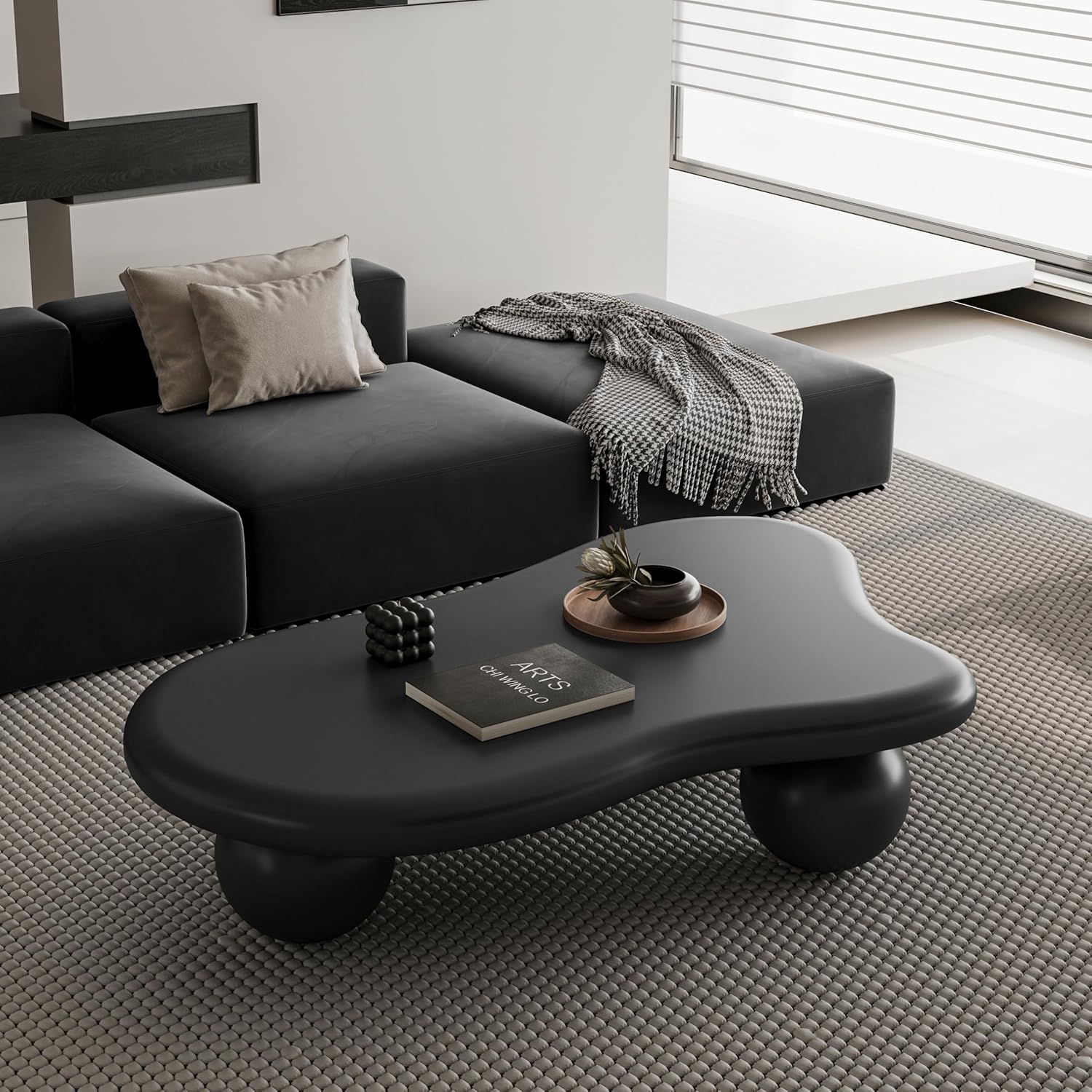 47' Cloud Coffee Table for Living Room Irregular Coffee Table Modern Low Coffee Tables Abstract Faux Stone Cute Center Table with 3 Ball Legs for Small Space Apartment Black