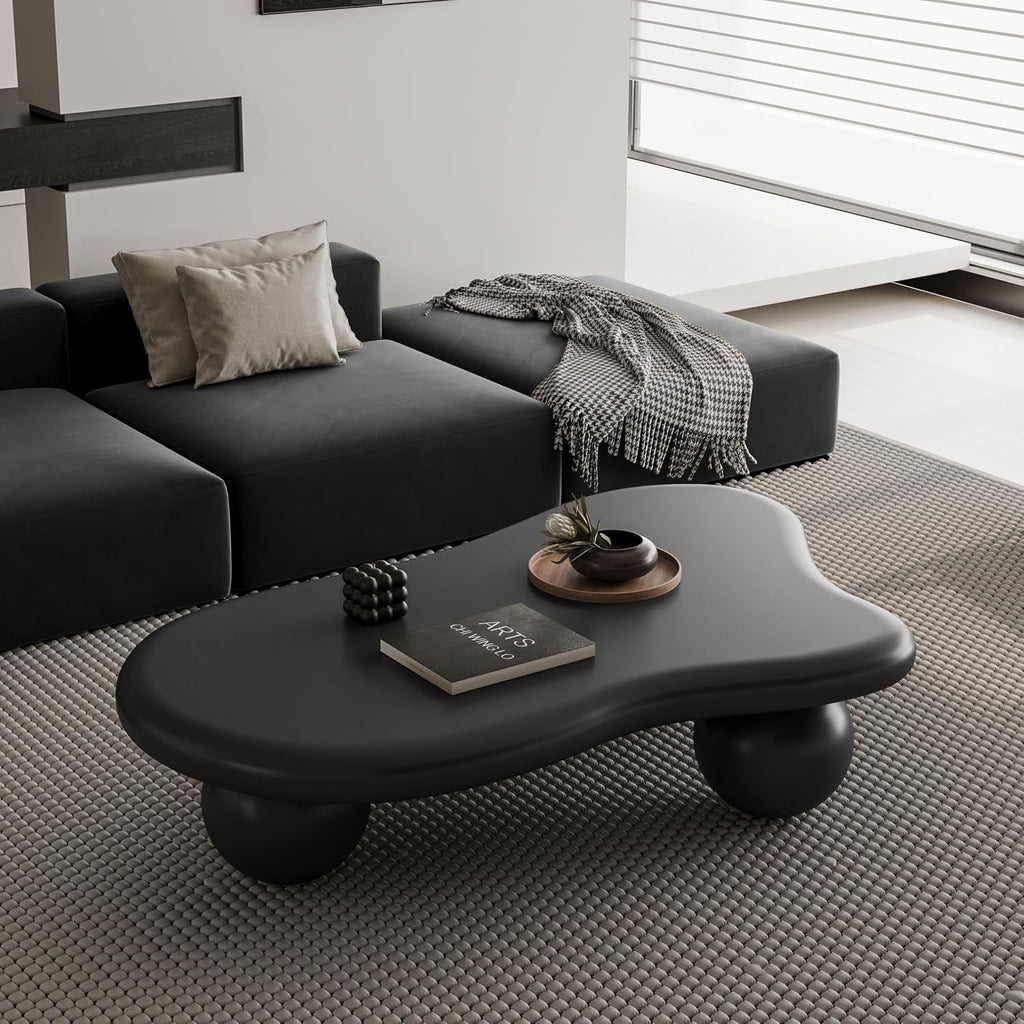 47' Cloud Coffee Table,Modern Cute End Table with Ball Legs,Small Round Edge Tea Table,Irregular Indoor Wood Coffee Table for Living Room, Bedroom, Small Space,Balcony,Patio Black