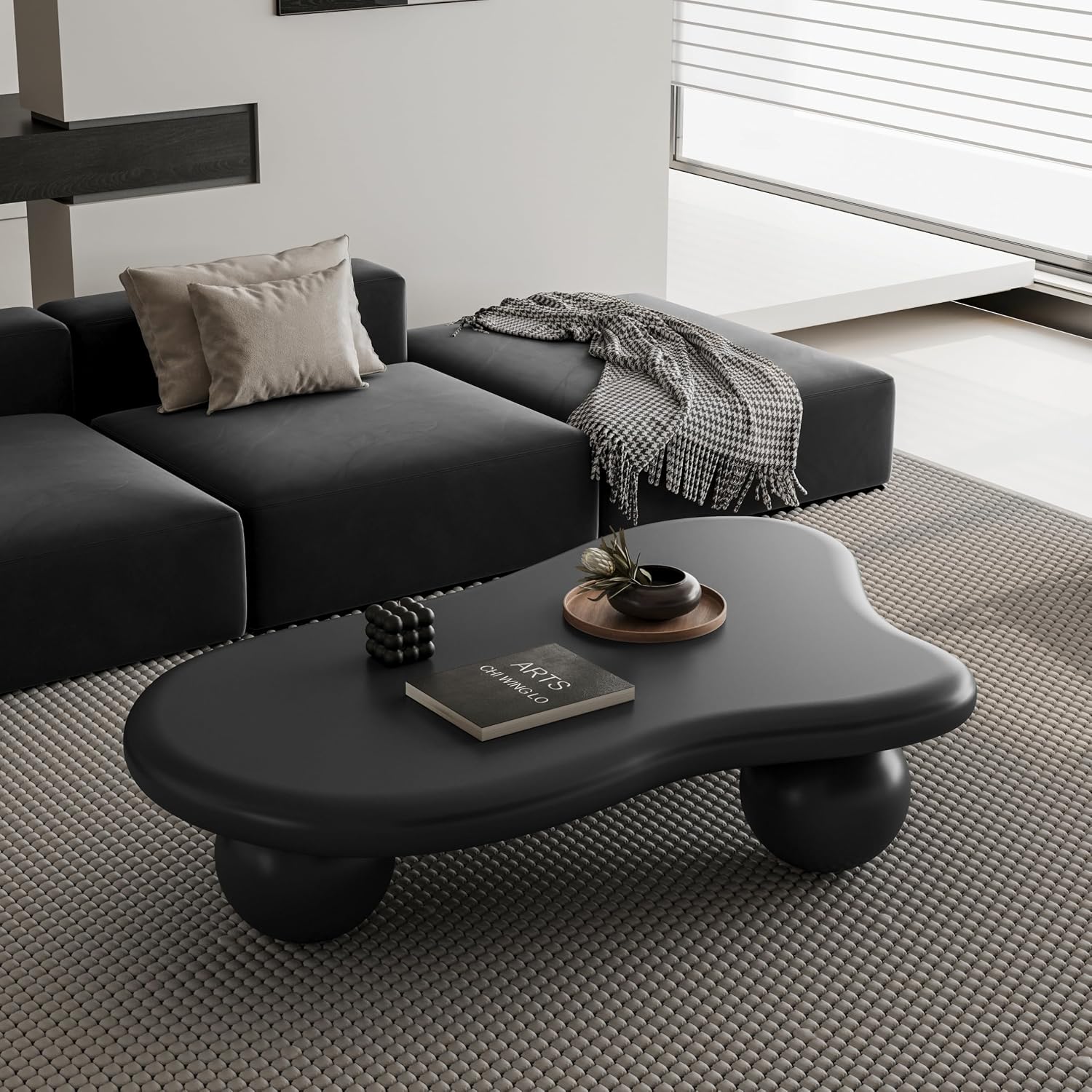 47' Cloud Coffee Table,Modern Cute End Table with Ball Legs,Small Round Edge Tea Table,Irregular Indoor Wood Coffee Table for Living Room, Bedroom, Small Space,Balcony,Patio Black