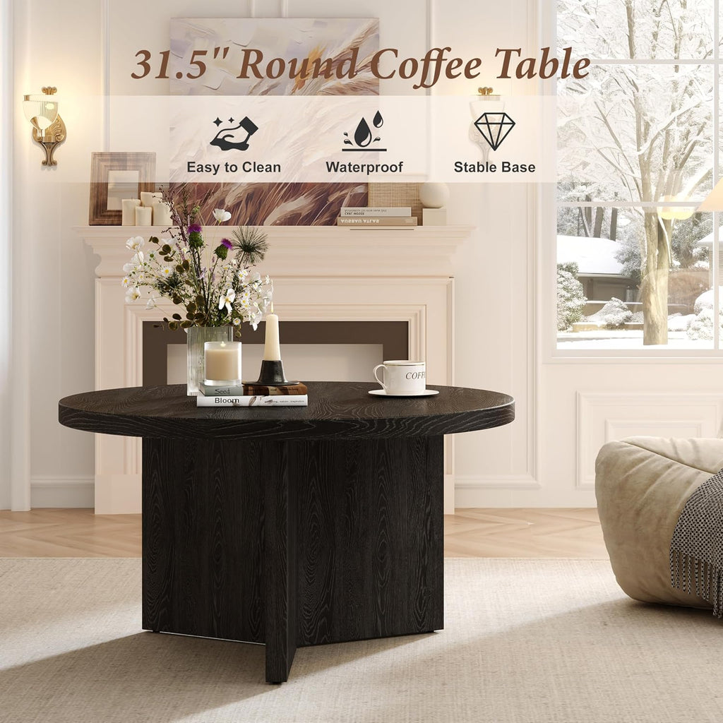 Luoxiao 31.5' Black Round Coffee Table Modern Circle Center Table for Living Room, Space-Saving Wood Accent Table for Apartments, Study, with Adjustable Feet Pads, Easy Assembly