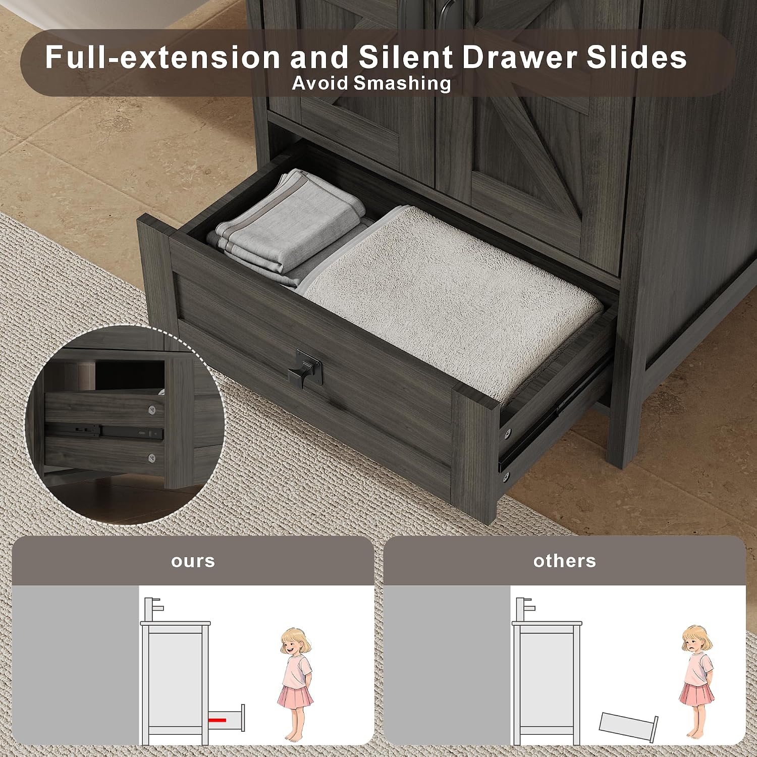 KIGOTY 24 Inch Farmhouse Bathroom Vanity Without Sink, Wooden Bathroom Storage Cabinet Without Countertop, Freestanding Bathroom Cabinet with 2 Doors and 1 Drawer (Grey, 24 INCH Without Sink)