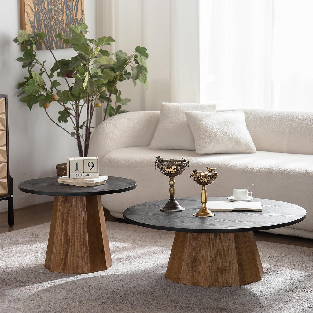 GDFStudio Mid Century Modern Round Coffee Table, Tree Design Circle Coffee Table for Living Room Office Apartment, Small Tea Tables with Pedestal, Easy Assembly Indoor Side Tables, Black+Wood 12.4' H