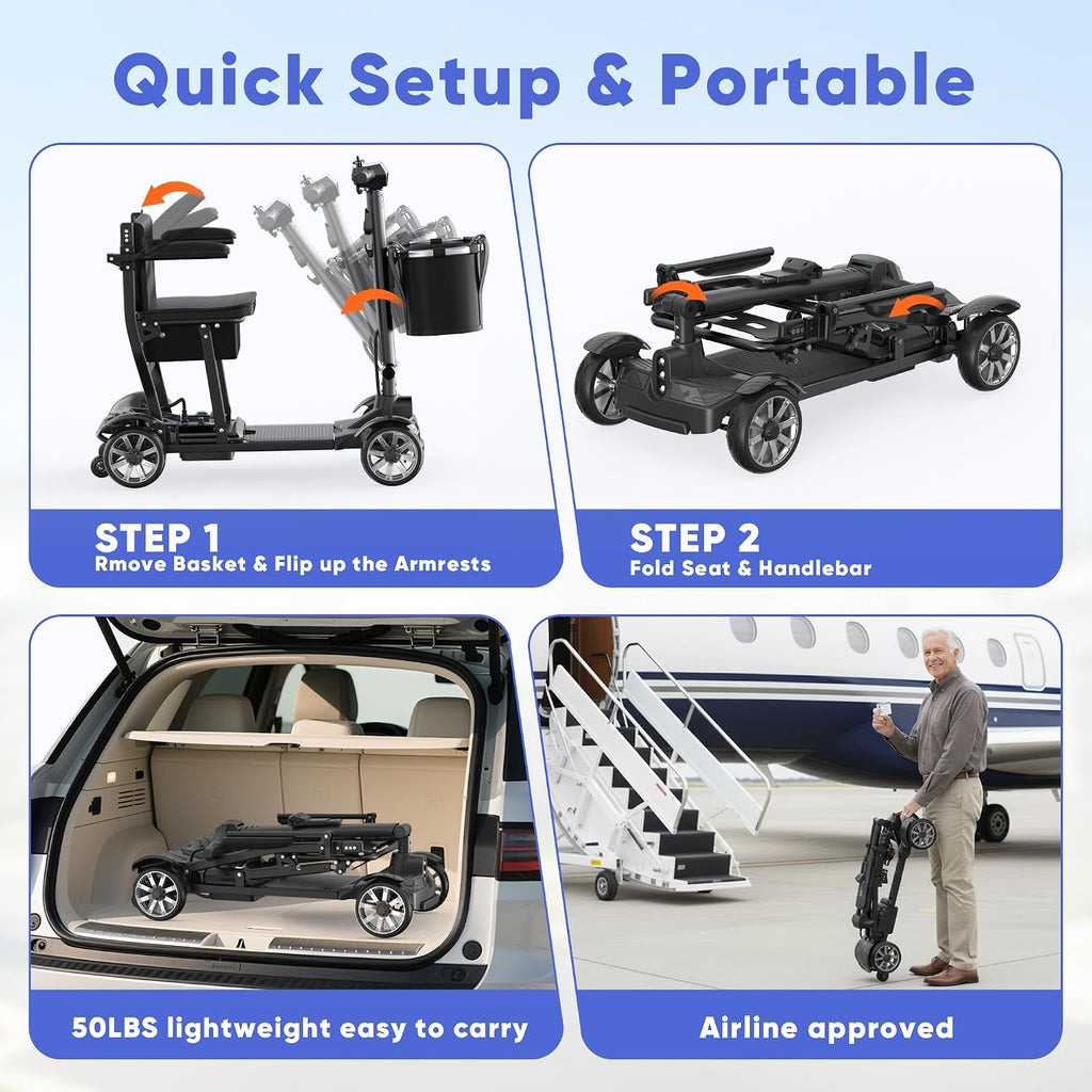 4 Wheels Mobility Scooters for Seniors,39LBS Light Frame&15 Miles Travel Range&350LBS Capacity&270W Brushless Motor Powered Wheelchair Folding Electric Scooter&Dust Cover&LED Lights&Auto Brake-Black