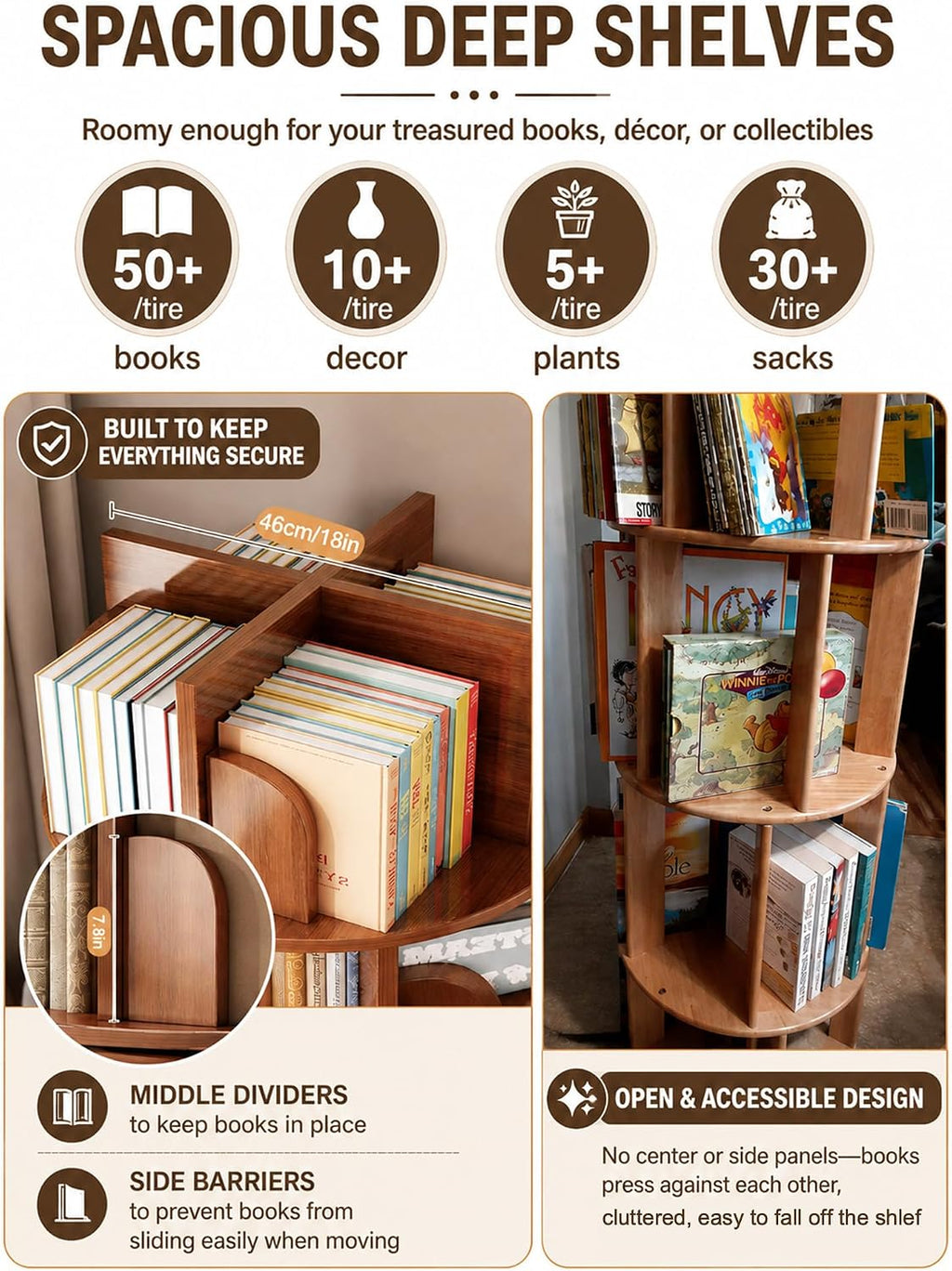 6 Tier Rotating Bookshelf with Cabinet On Wheel, 360° Display Spinning Corner Book Shelf Tower, Narrow Tall Bookshelves, Small Revolving Bookcase, Wooden Book Shelf Standing Storage Rack