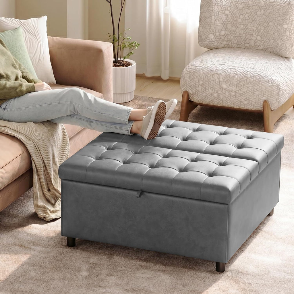 LINLUX Extra Large Leather Storage Ottoman, 35.5 Inch Large Square Lift Top Ottoman Coffee Table with Storage, Tufted Leather Ottoman Footrest Toy Box for Living Room，Bedroom