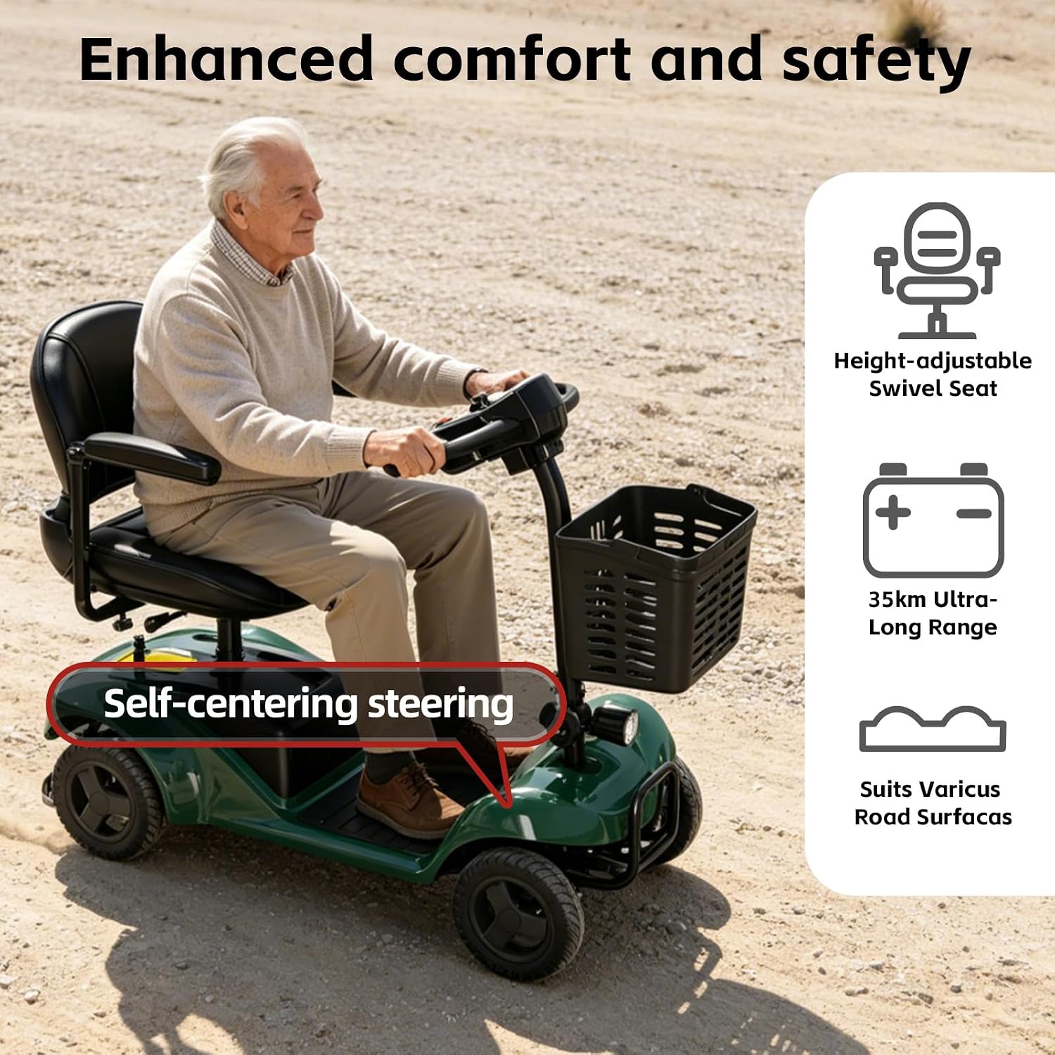 Mobility Scooter,4 Wheel Mobility Scooter,300LBS Capacity,Lightweight and Portable,with LED Headlights and Basket,Charger Included,Gifts Suitable for Elders,Green