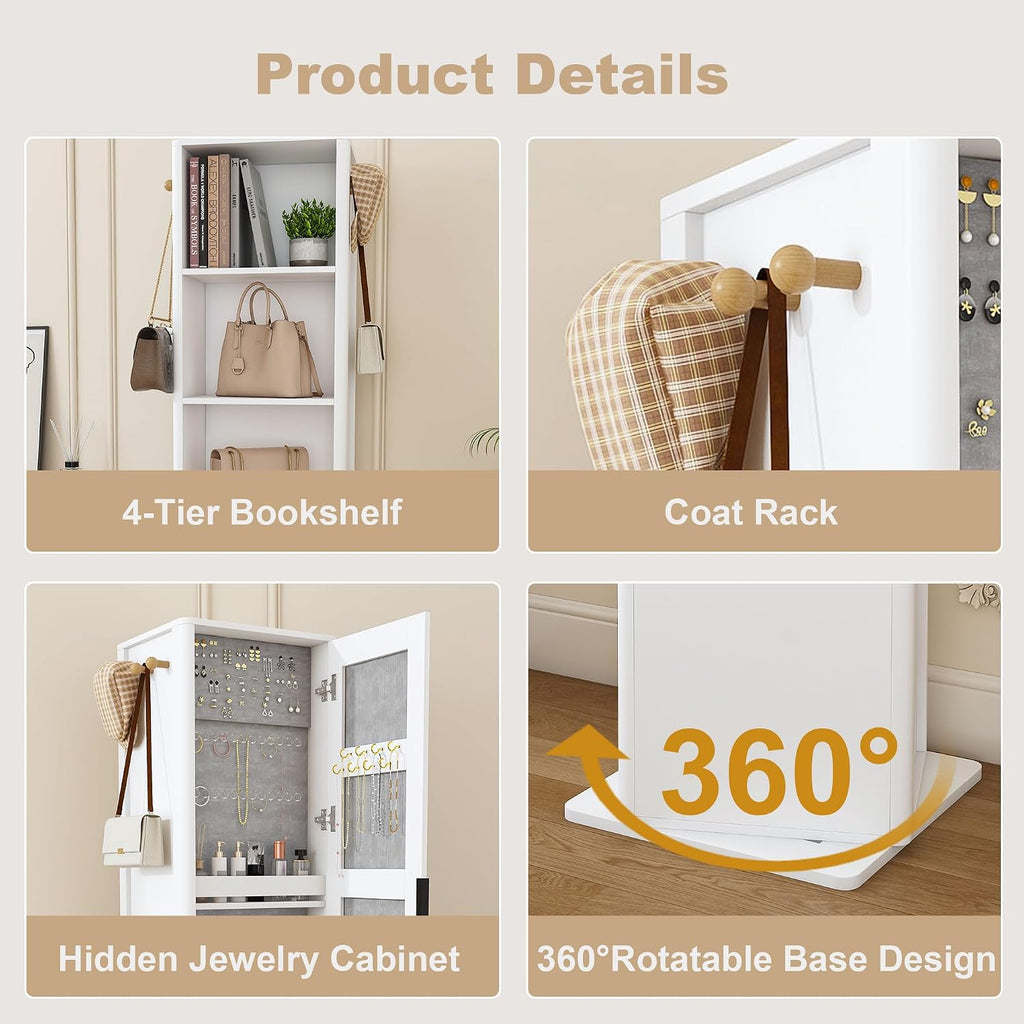 360° Rotating Makeup Storage Cabinet with Full-Length Mirror, Jewelry Armoire Organizer, Freestanding Bookshelf Tower, Coat Hook Stand, Hidden Shelves, Space-Saving Bedroom Furniture (White)