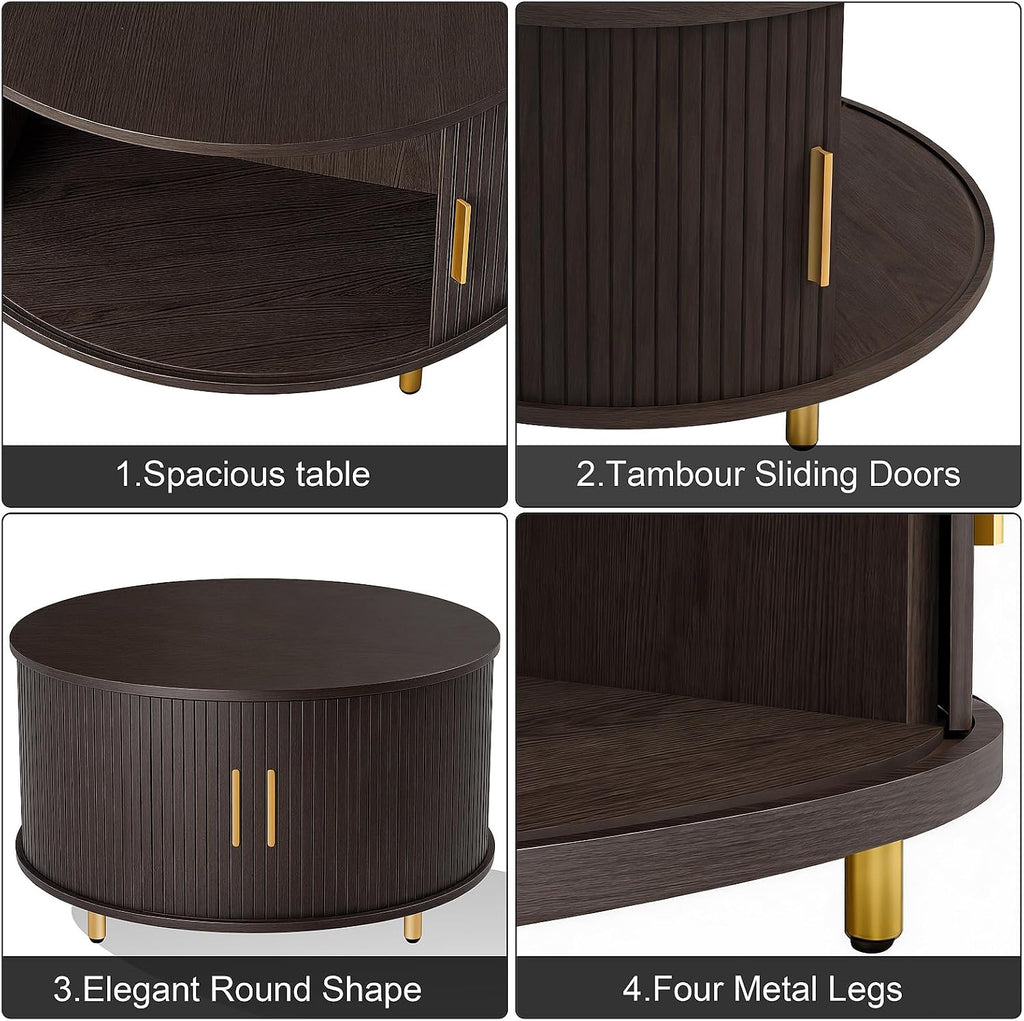DHH Round Coffee Table, 31.5' Mid Century Modern Coffee Table with 360° Sliding Tambour Door, Fluted Accent Coffee Table with Storage Adjustable Footpads for Living Room (Dark Walnut)