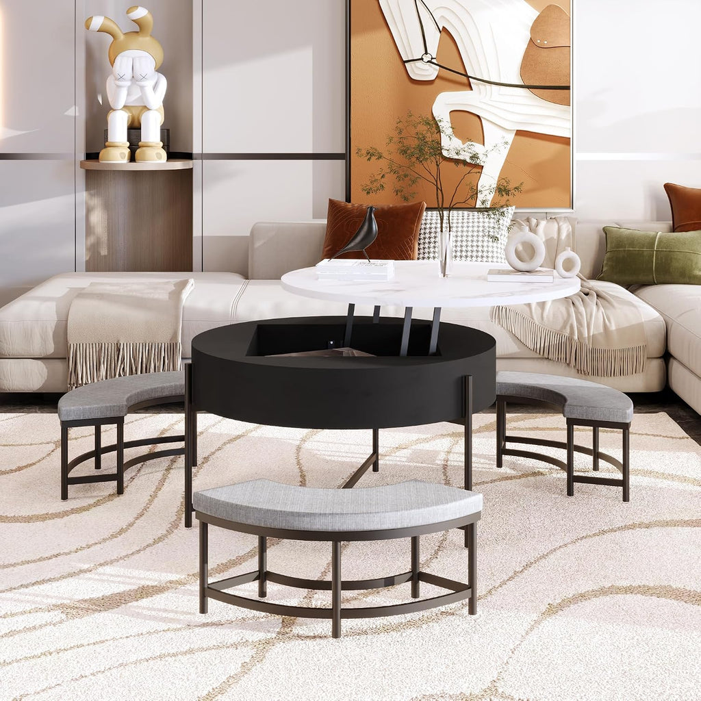 Modern Round Lift-Top Coffee Table with Storage & 3 Ottoman for Living Room White & Black