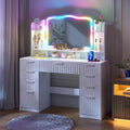 Fluted Makeup Vanity with Large Storage & RGB Lighting, Vanity Desk with 9 Drawers, Jewelry Organizer, Open Shelves & Charger Station, Dressing Table Gift for Women/Girls/Lady, White