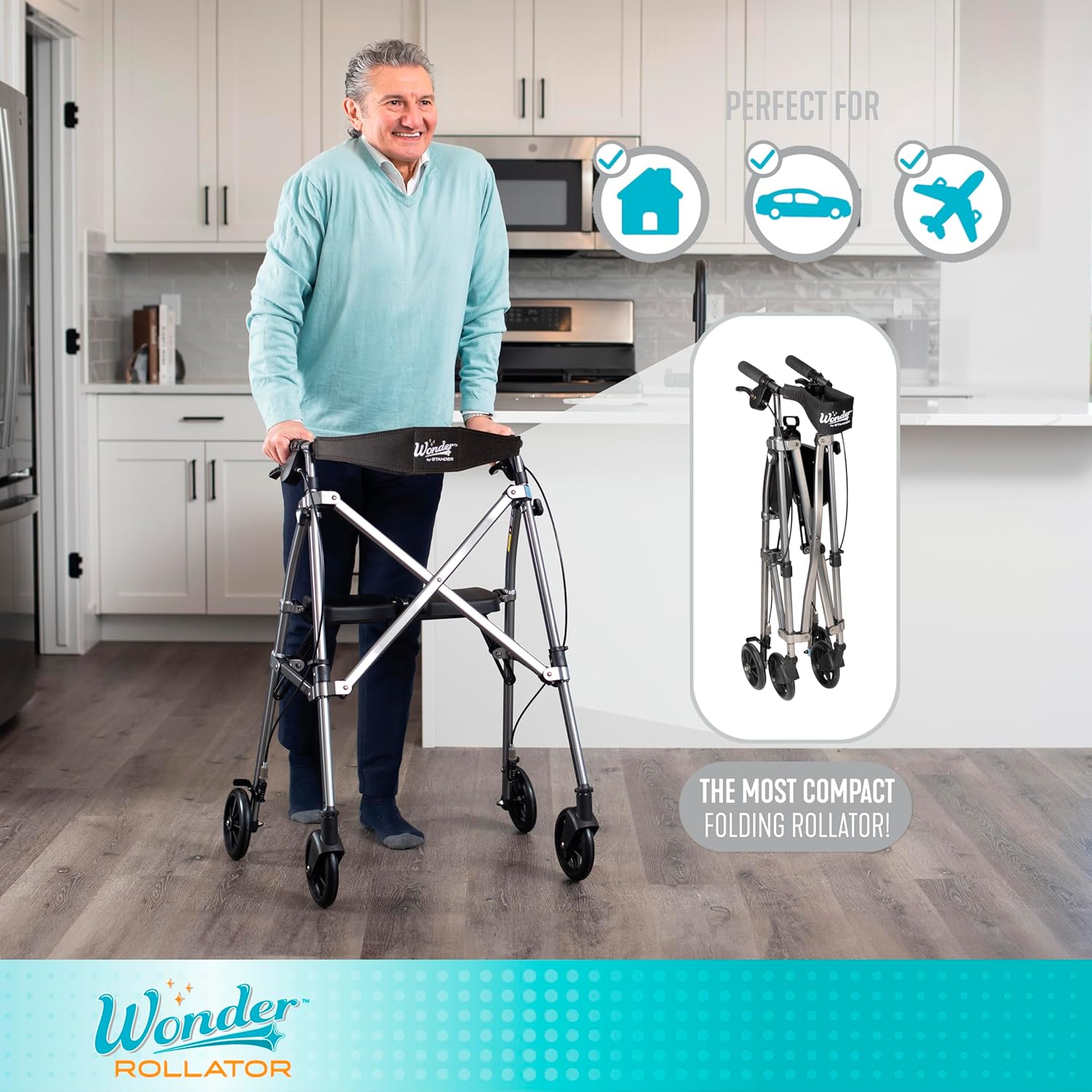 Stander Space Saver Rollator, Lightweight Folding Rolling Walker with Seat for Seniors & Adults, 4-Wheel Mobility Aid with 6-inch Wheels, Locking Brakes & Padded Seat with Backrest, Cobalt Blue