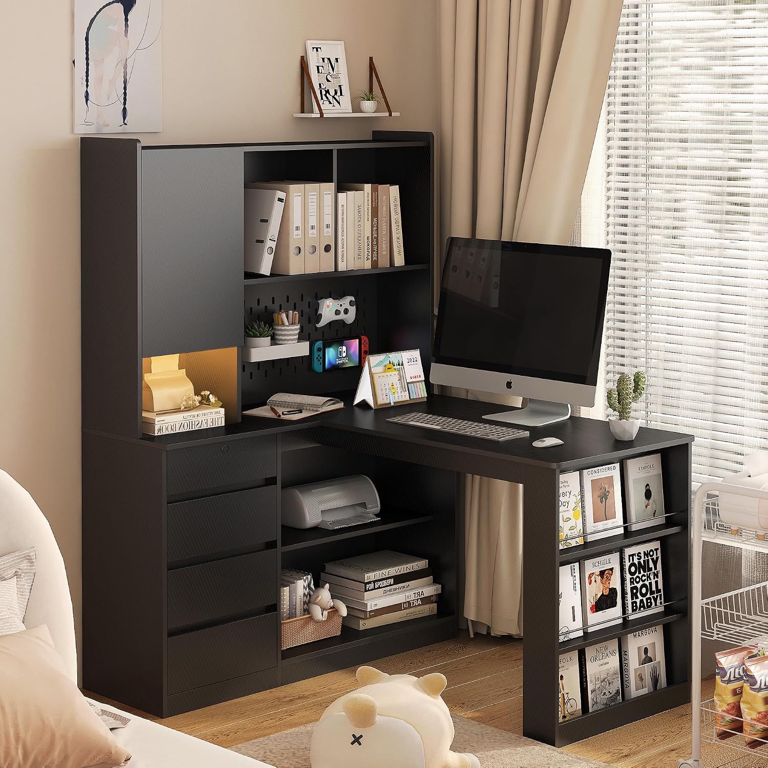 Black L-Shaped Home Office Desk with Hutch & Drawers, Modern Corner Desk with LED Light & Bookshelf, Wood Study Writing Table Gaming Computer Desk for Bedroom, Home