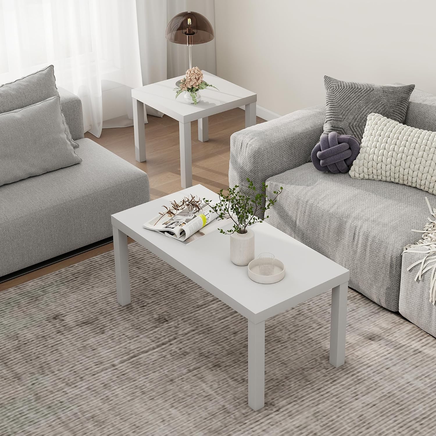 Modern 3 Piece Coffee Table Set, Rectangle Coffee Table with End Tables Thick Frame Living Room Table Sets for Small Spaces