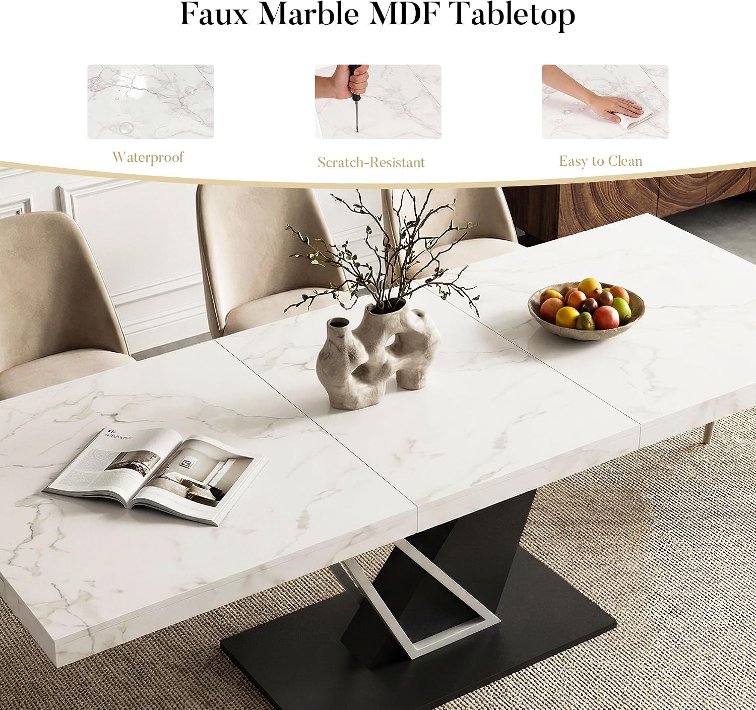 COSIEST 59'' to 78.7'' Extendable Dining Table for 4-8, Faux Marble Expandable Kitchen Table with Sturdy Metal Base, Rectangle Dinner Table for Small Space, Dining Room, Living Room, White