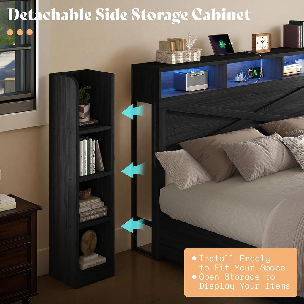 AMERLIFE 45'' Farmhouse Queen Bed Frame with 4 Drawers, LED Bed Frame with Bookcase Headboard & Side Shelves, Wood Platform Bed with Charging Station, Black