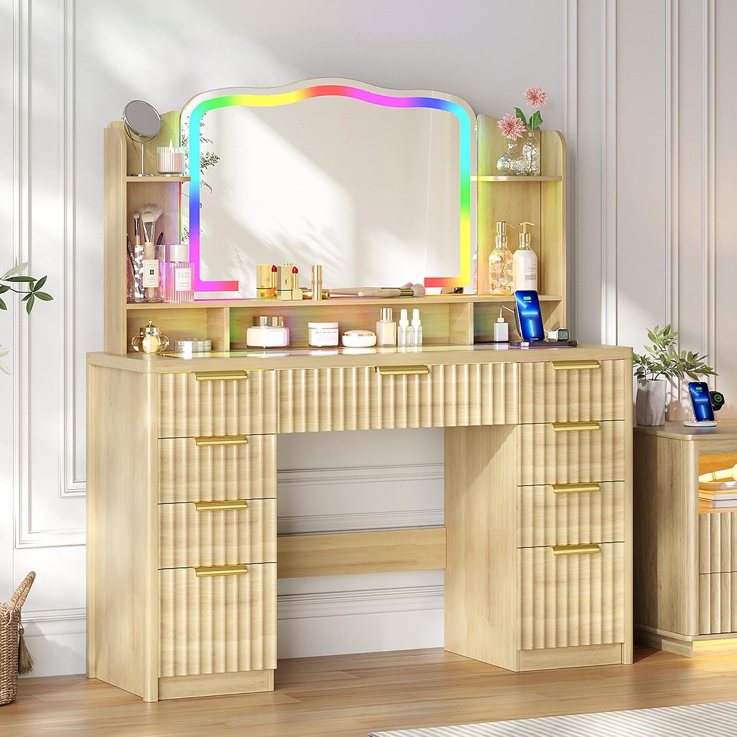 Fluted Makeup Vanity with Large Storage & RGB Lighting, Vanity Desk with 9 Drawers, Jewelry Organizer, Open Shelves & Charger Station, Dressing Table Gift for Women/Girls/Lady, Wood