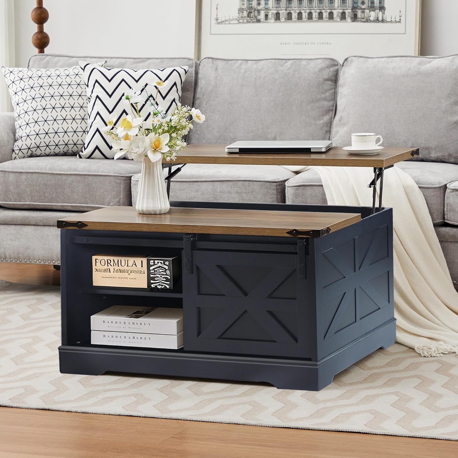 Farmhouse Lift Top Coffee Table, Wood Square Coffee Table with Sliding Barn Door and Adjustable Shelf Rustic Center Table with Hidden Storage Compartment for Living Room, Black