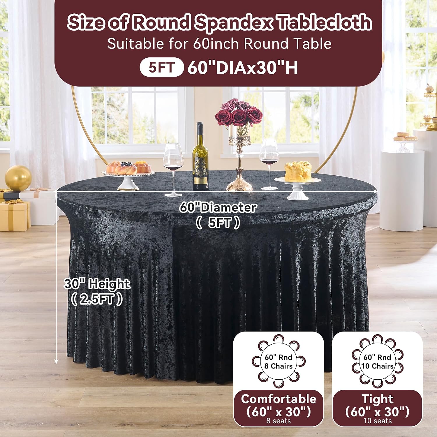 6 Pack Black Velvet Round Tablecloths for 60 inch Table, Wrinkle Free Stretchy 120 inch Spandex Fitted Round Table Cloths Covers Washable Clothes for Wedding Birthday Parties Banquet