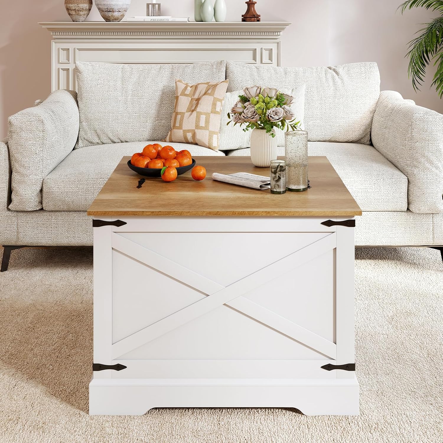 Giantex Farmhouse Lift Top Coffee Table, 31.5' Square Wood Center Table with Large Hidden Storage Compartment & Hinged Lift Top, Accent Cocktail Tea Table, Rustic Living Room Tables (Oak)