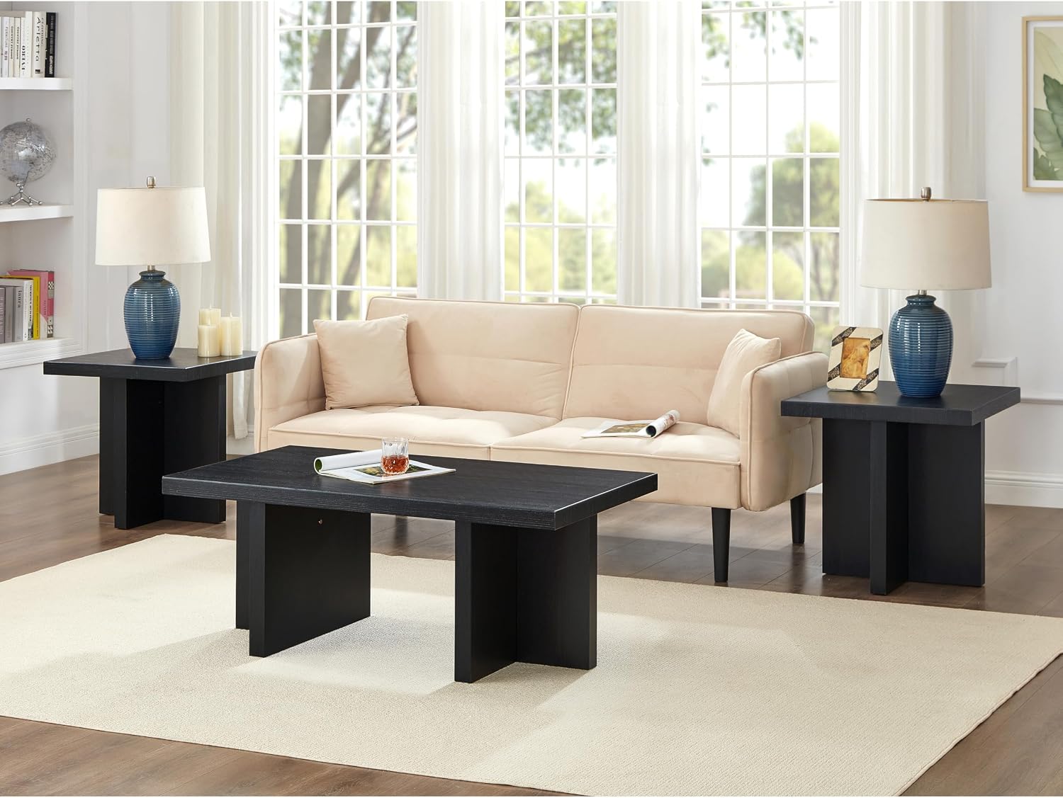 Roundhill Furniture Mchome 3-Piece Coffee Table Set, Coffee Table and Two End Tables, Black Finish