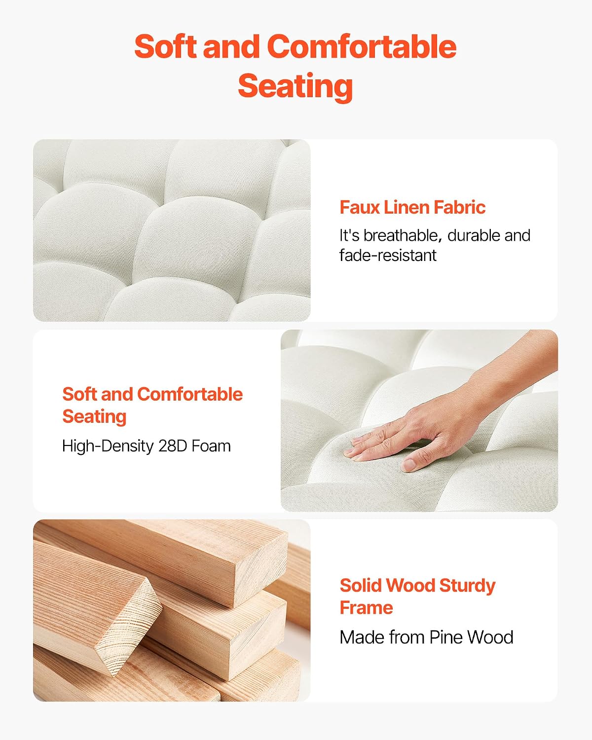 VEVOR Large Square Ottoman Coffee Table, 34.5 Inch Tufted Coffee Table with Solid Wood Shelf Storage, Linen Solid Upholstered Footrest Ottoman for Bedroom Living Room, 400 LBS, Off-White