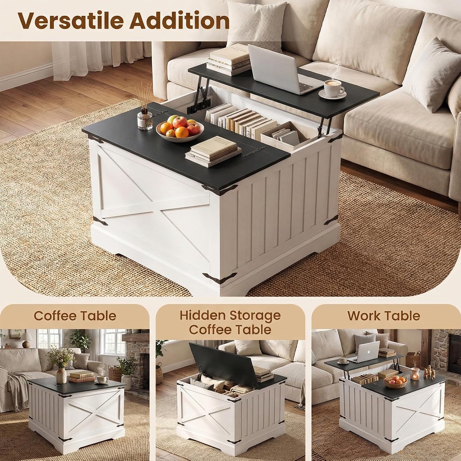 Giantex Farmhouse Lift Top Coffee Table, 31.5' Square Wood Center Table with Large Hidden Storage Compartment & Hinged Lift Top, Accent Cocktail Tea Table, Rustic Living Room Tables (Black)
