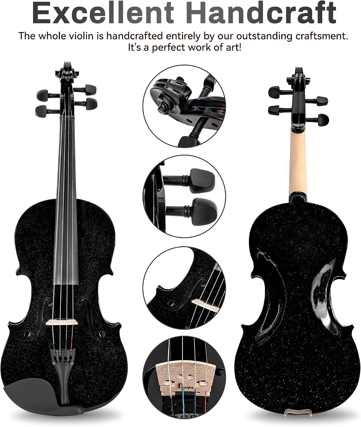 3/4 Acoustic Violin Fiddle, Black Violin for Beginners for Beginners Violin Starter Kit w/Case, Two Bows, Two Bridges, Two Rosins, Two 3/4 Strings Full Size Set, Shoulder Rest, Clip-on Tuner, Manual