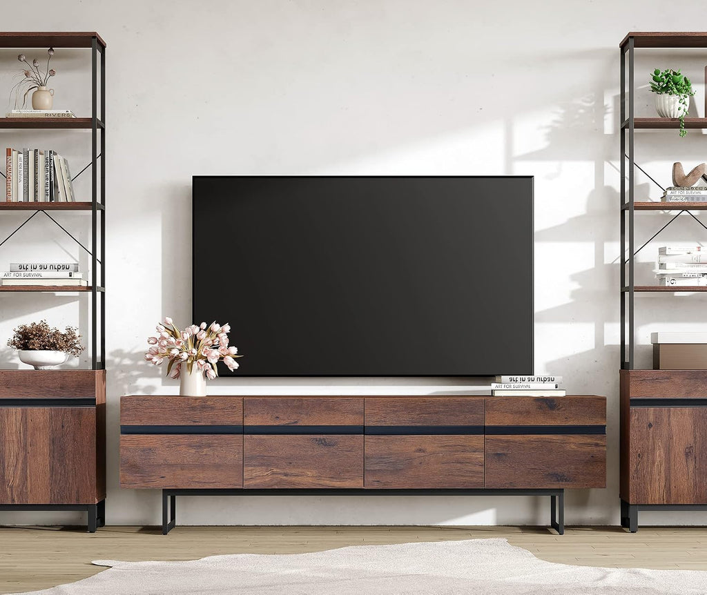 WAMPAT Modern TV Stand and Coffee Table Set of 2, Storage Entertainment Center for TVs Up to 75 inch, Square Center Table with Tempered Glass and Storage Drawers for Living Room, Brown