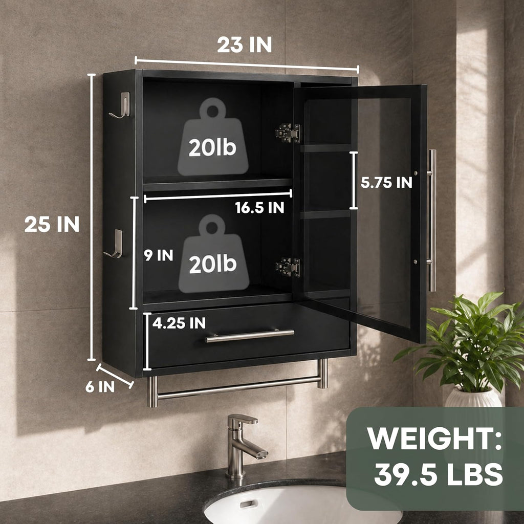 PRE-ASSEMBLED Bathroom Wall Cabinet with Mirror, READY-To-INSTALL Medicine Cabinet, Over the Toilet Storage Cabinet with Storage Shelves, Towel Bar & Hooks for Bathroom, Laundry, Living & Room Kitchen