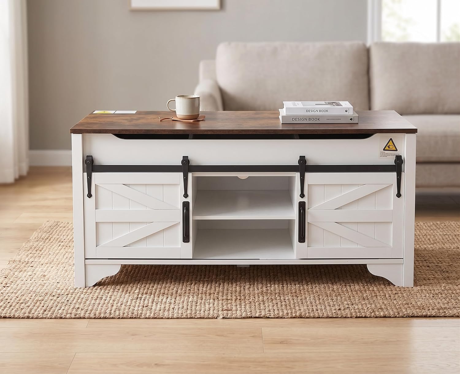 48' W Lift Top Coffee Table with Sliding Barn Door Rustic Rectangle Storage Coffee Tables, Wood Center Table with Hidden Storage Compartment for Home, Office, White and Brown