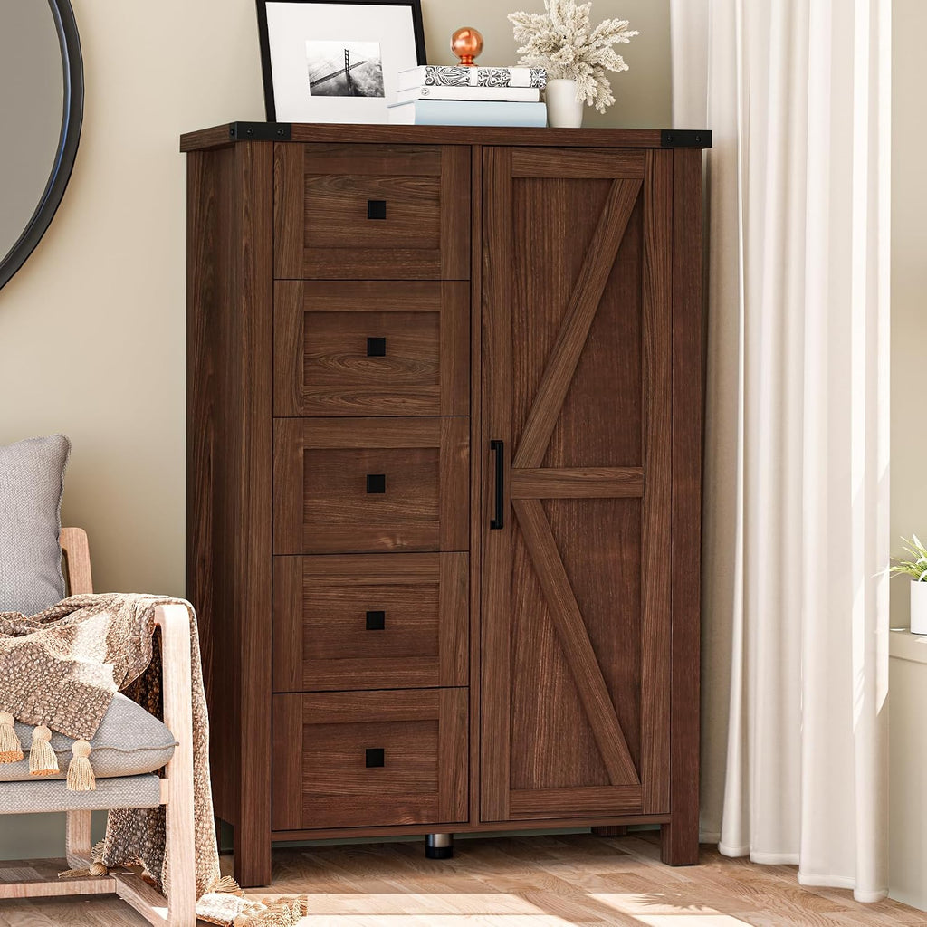 VVFLU Farmhouse 48 Inch Tall Dresser Chest of Drawer for Bedroom, 5 Drawer Storage Cabinet with Barn Door, Adjustable Shelves, Rustic, for Living Room, Entryway, Hallway, Cherry Wood