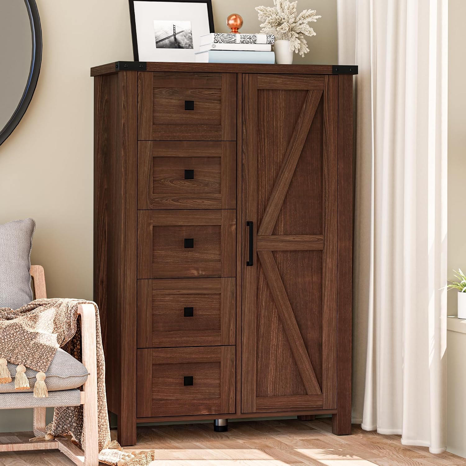 VVFLU Farmhouse 48 Inch Tall Dresser Chest of Drawer for Bedroom, 5 Drawer Storage Cabinet with Barn Door, Adjustable Shelves, Rustic, for Living Room, Entryway, Hallway, Cherry Wood