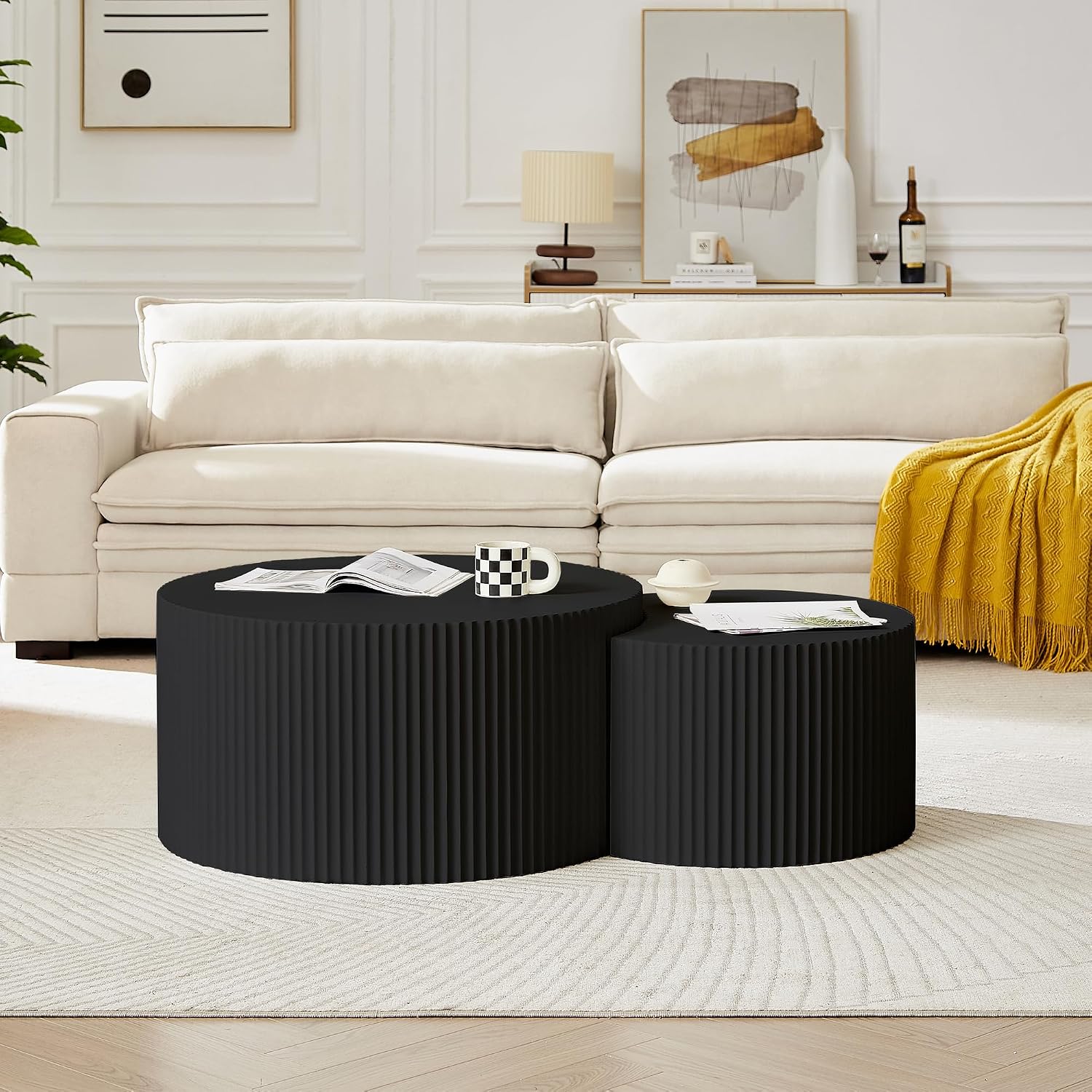 JUSTONE Nesting Coffee Table Set of 2, Modern Matte Black Round Drum Side Tables - Space-Saving End Tables for Living Room, Apartment, Bedroom (Black)