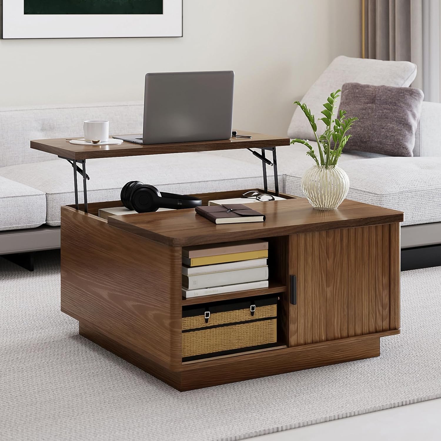 Lift Top Coffee Table with Storage, 31.5' Fluted Square Coffee Tables for Living Room, Home Office, Large Hidden Storage Compartment, Adjustable Shelves & Sliding Door (Walnut, Square)