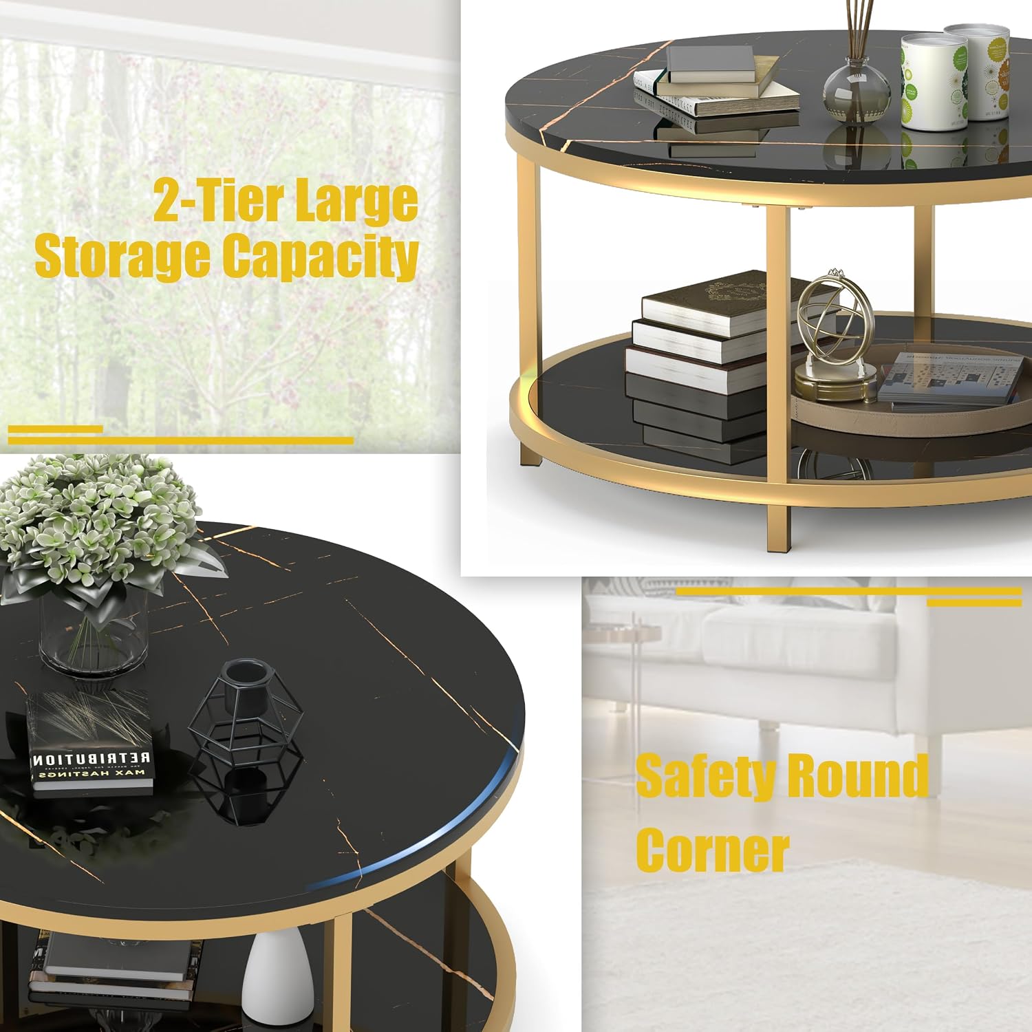 WiberWi Round Coffee Table 33.5' Coffee Tables for Living Room High Glossy Faux Balck Marble Top Modern Circle Table Sturdy Gold Metal Frame Legs Cocktail Table with Storage Open Shelf