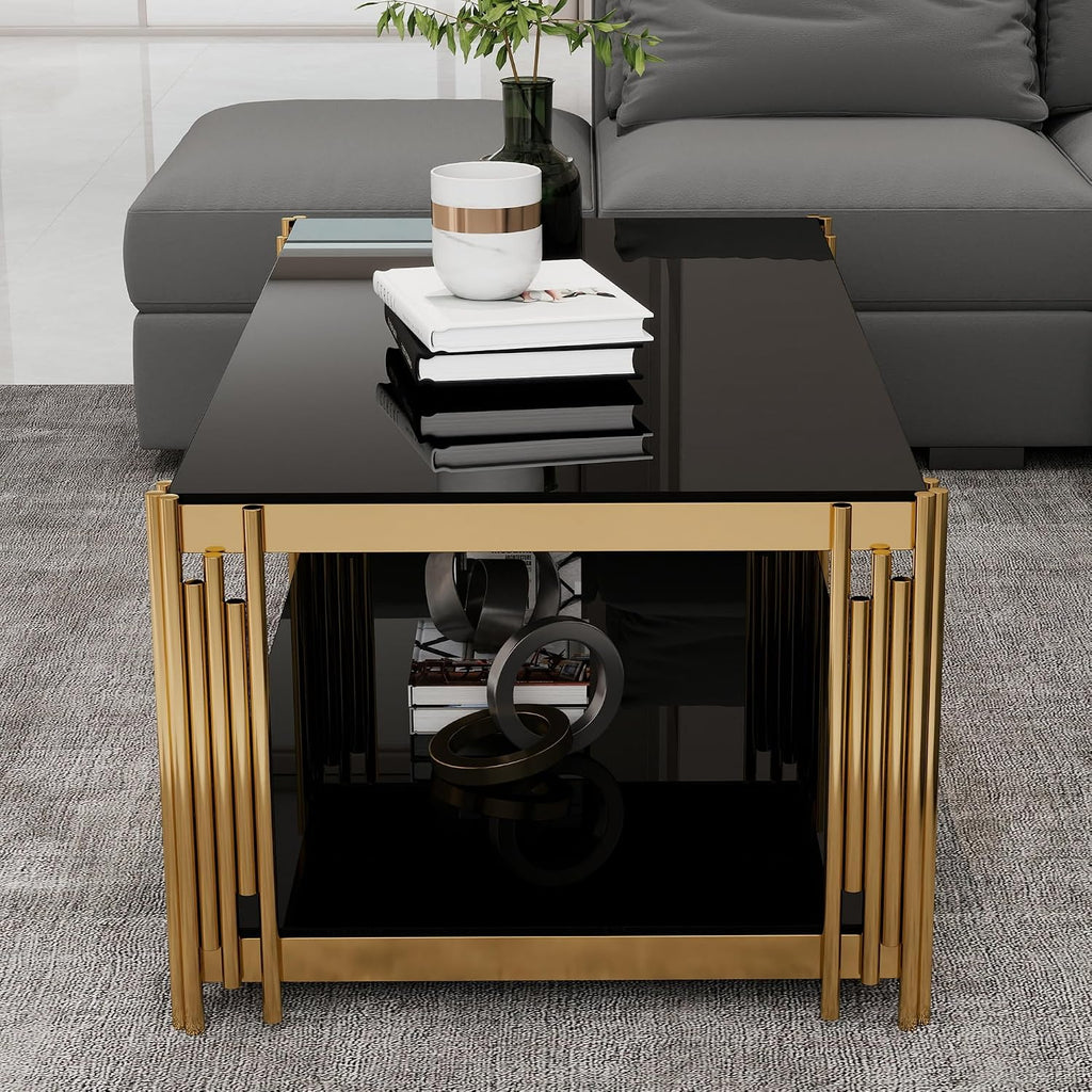 Rectangular Black Glass Coffee Table, 47' Center Table Living Room Table, Gold Stainless Steel Irregular Leg, Double-Layer Structure, Black Glass Desktop, Luxury