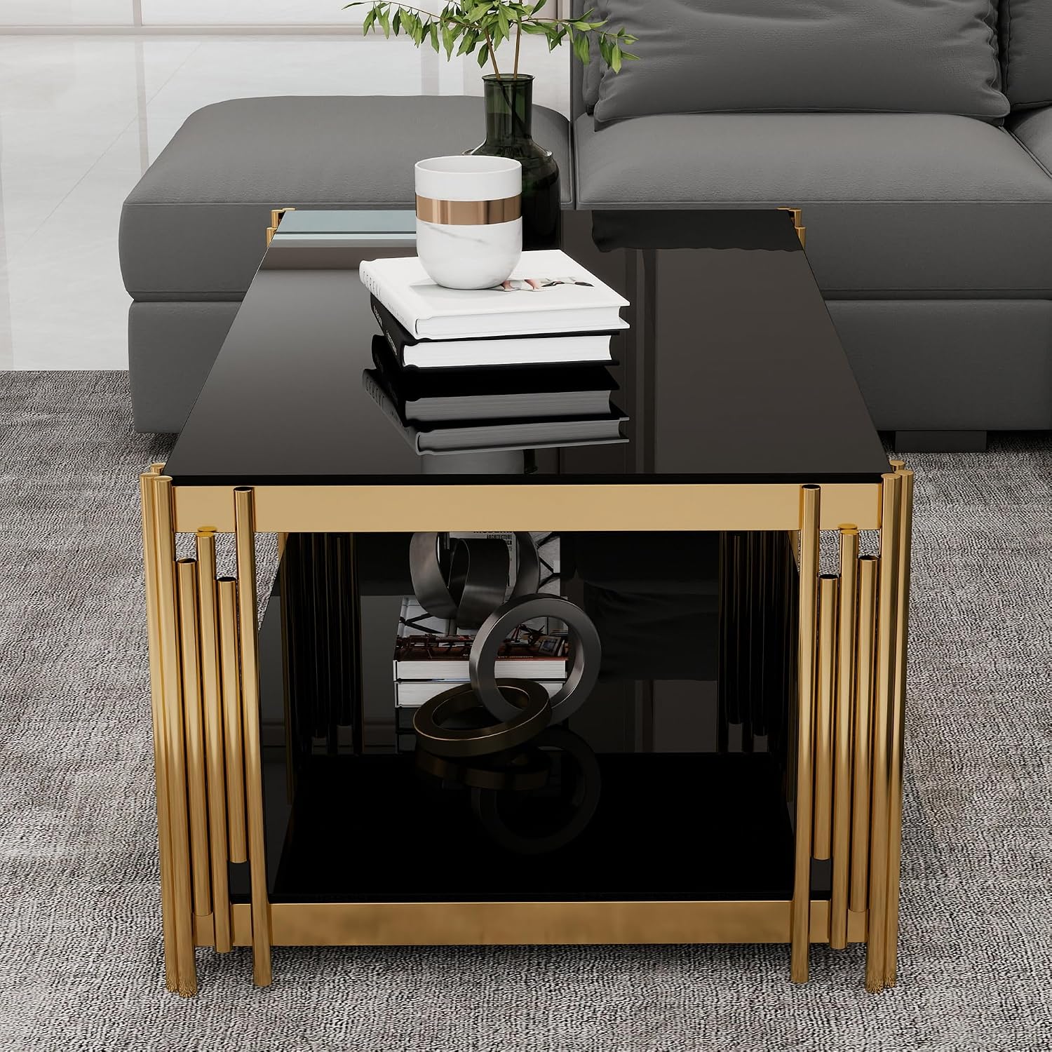 Rectangular Black Glass Coffee Table, 47' Center Table Living Room Table, Gold Stainless Steel Irregular Leg, Double-Layer Structure, Black Glass Desktop, Luxury