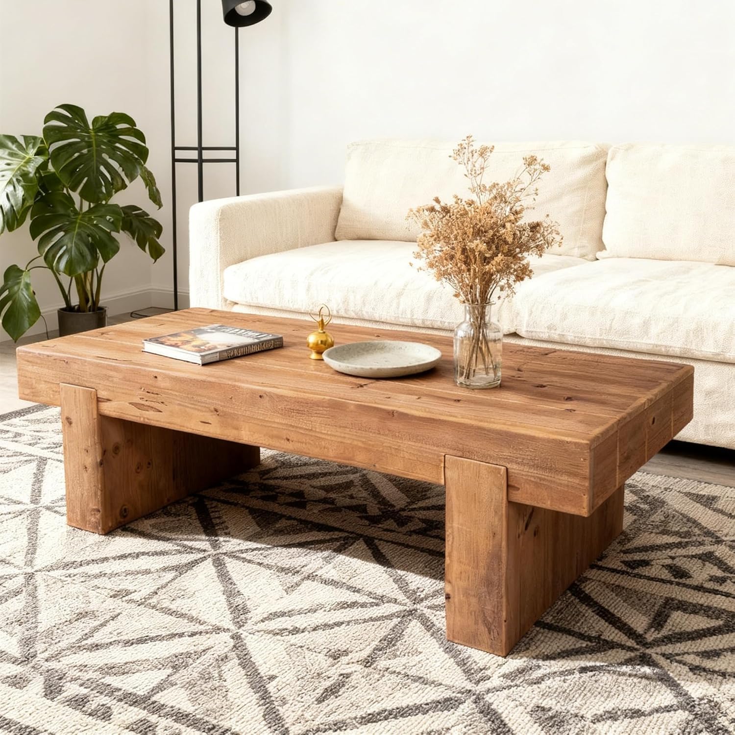 SSLine Solid Wood Coffee Table 47.6-Inch Rectangular Coffee Table for Living Room,Farmhouse Rustic Center Tables with Thicken Top and Sturdy Legs,Walnut