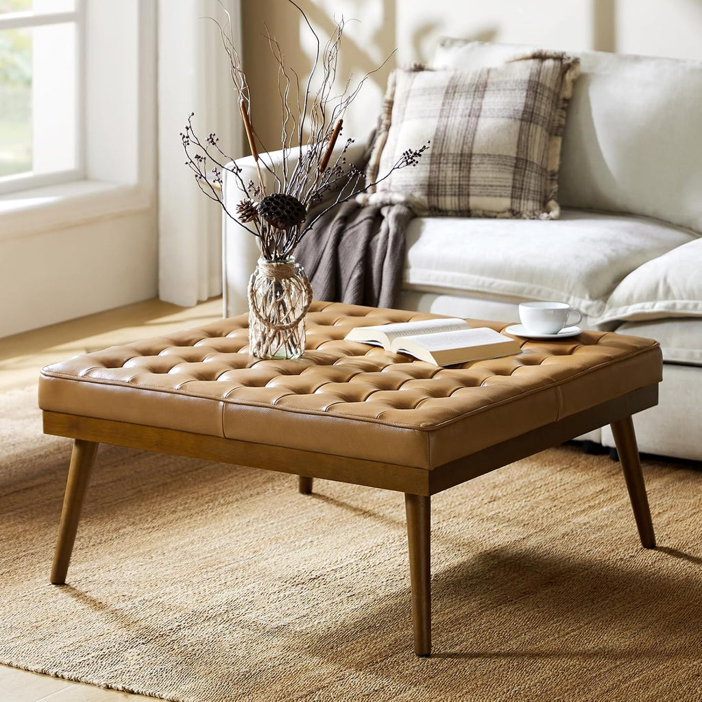HULALA HOME Genuine Leather Square Coffee Table, Button Tufted Upholstered Ottoman Coffee Table with Solid Wooden Flared Legs, Mid-Century Modern Extra Seating for Living Room, Camel