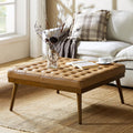 HULALA HOME Genuine Leather Square Coffee Table, Button Tufted Upholstered Ottoman Coffee Table with Solid Wooden Flared Legs, Mid-Century Modern Extra Seating for Living Room, Camel