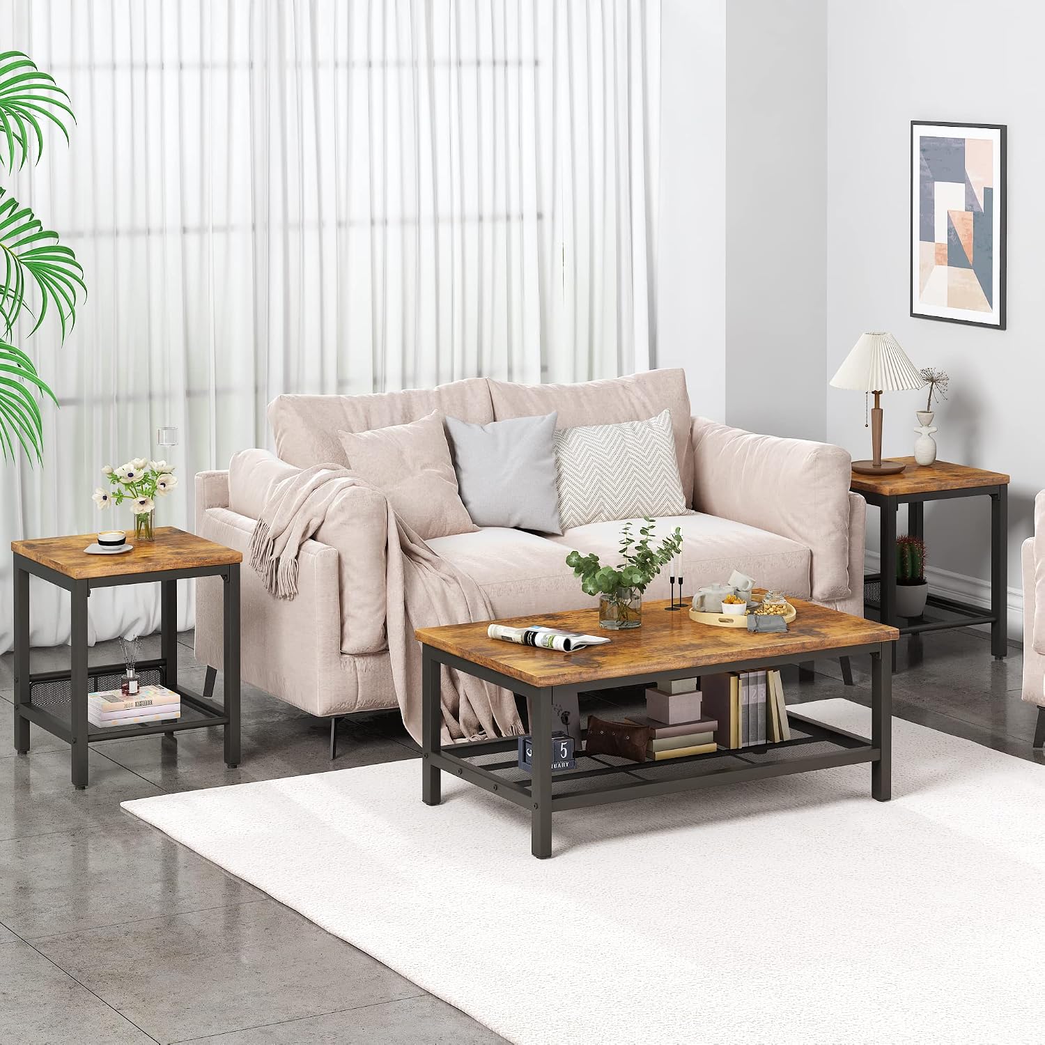 furlinkhm Coffee Table Set of 3, Industrial Coffee Table with 2 Square End Side Tables, Modern Living Room Table Set, with Metal Frame, for Apartment Home Office, Brown